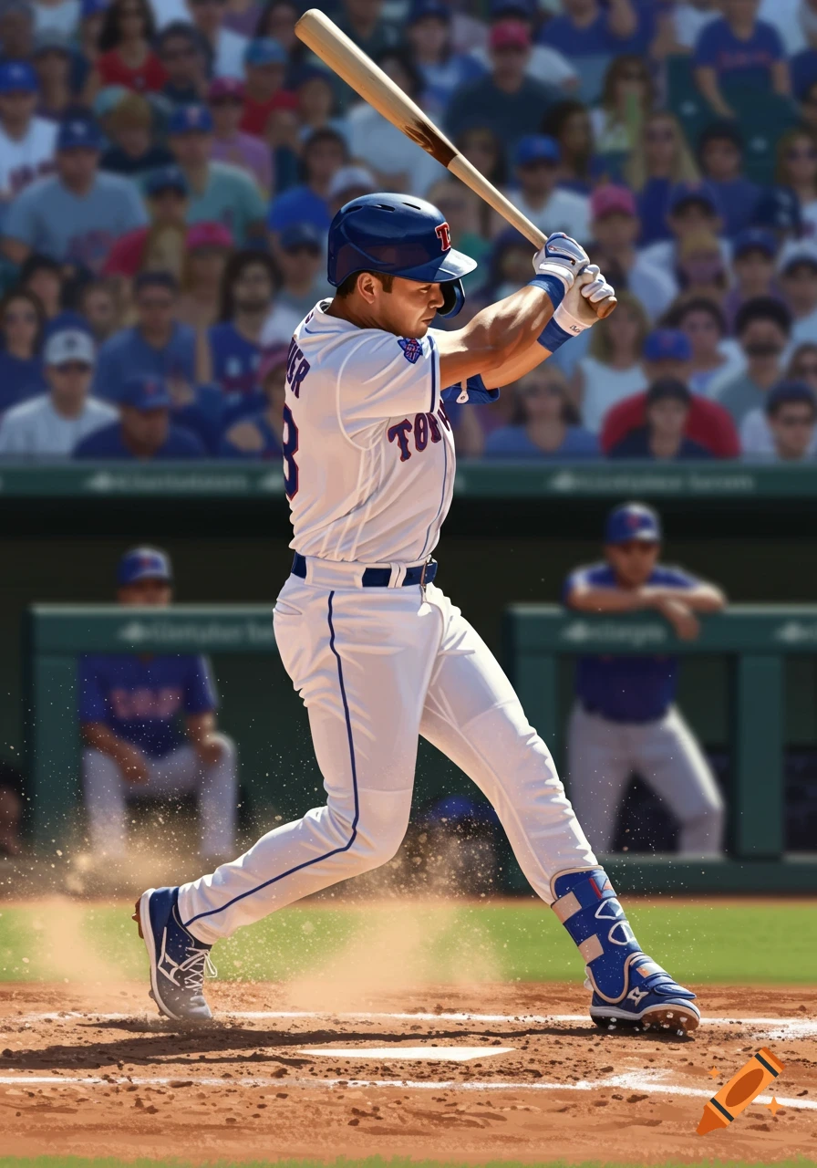 An illustrated baseball player in a white uniform swings a bat on a dirt field with a blurred stadium crowd in the background.