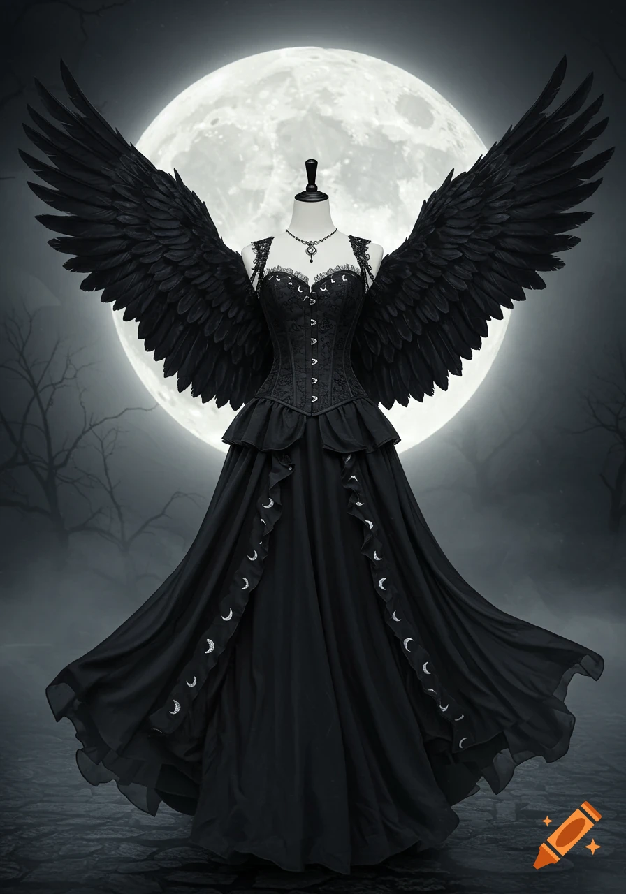 A black gothic gown with large feathered wings on a mannequin, featuring crescent moon details, against a full moon and bare trees at night.