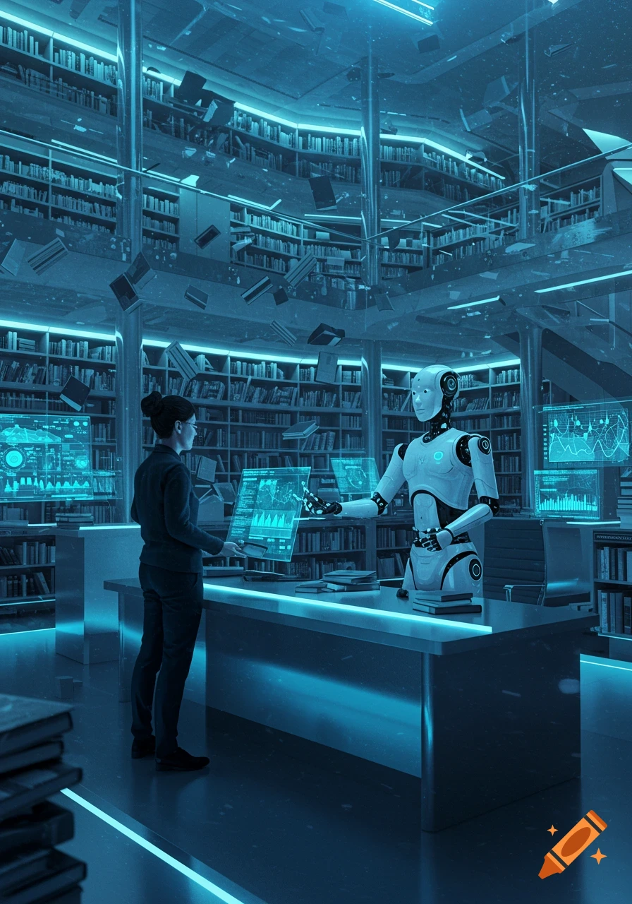 A human woman interacts with a white robot librarian at a counter in a futuristic, neon-blue lit library with floating books.