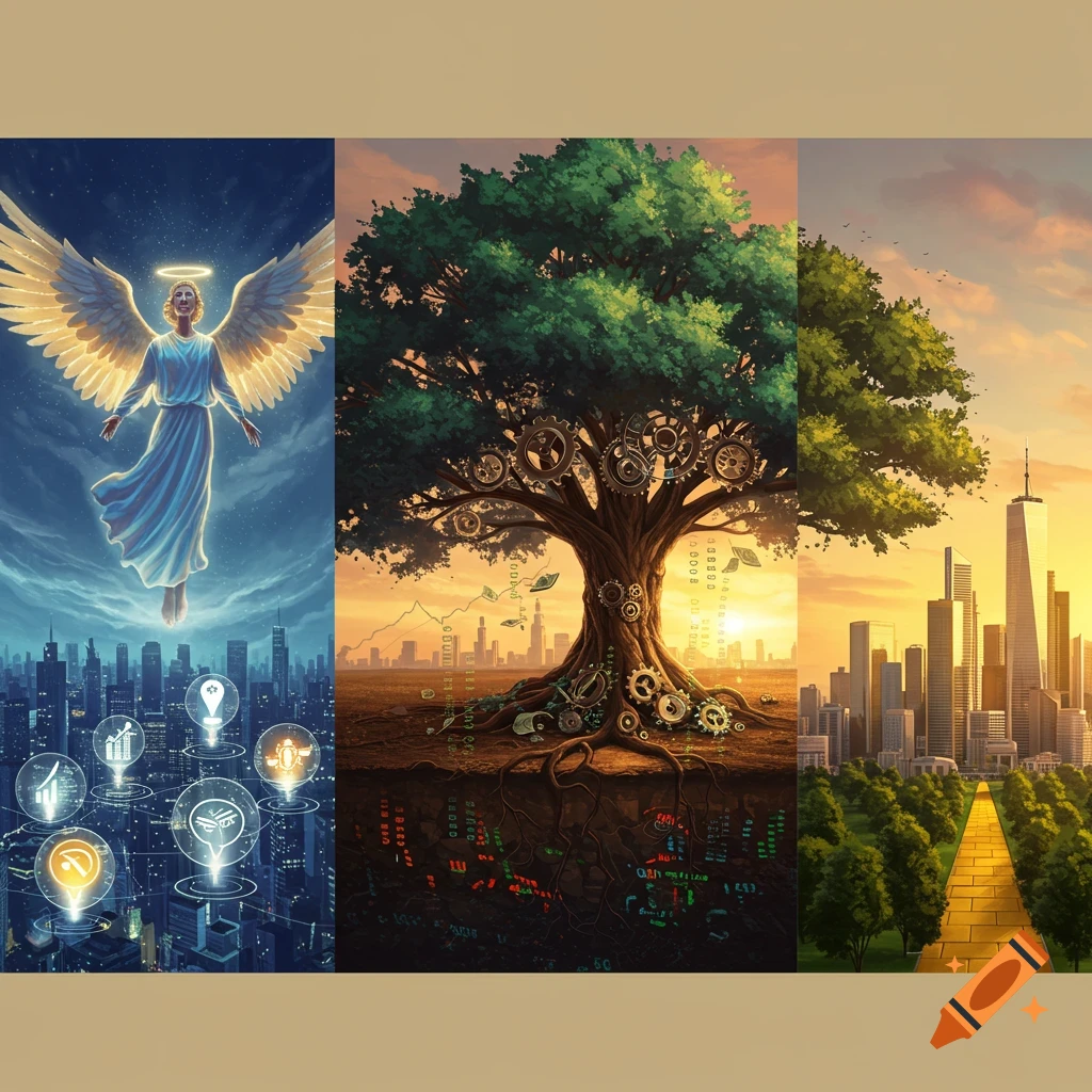 Three vertical panels showing: an angel over a city, a tree with gears and data over a city, and a path leading to a city through trees.