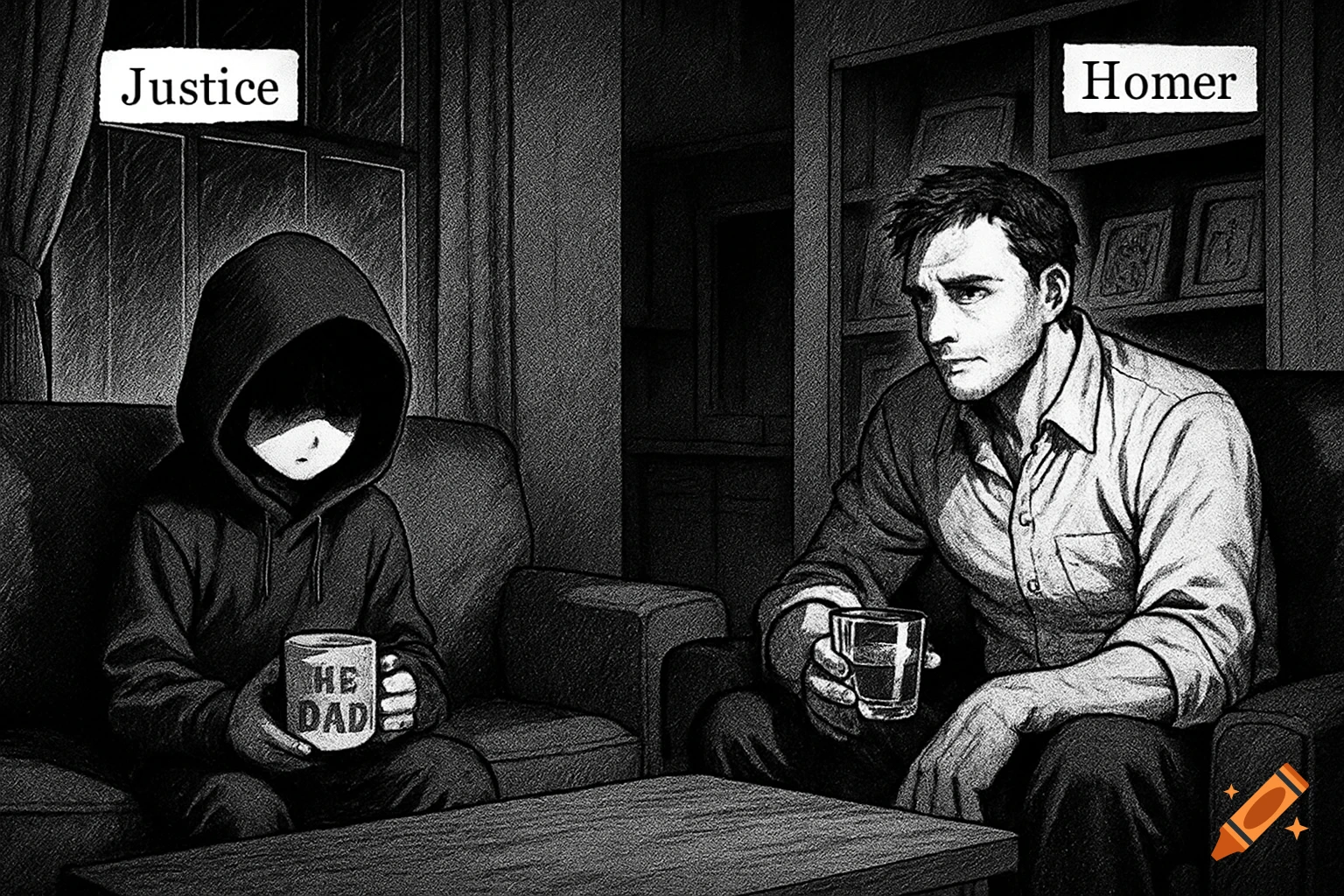 Black and white manga-style illustration of a boy in a hoodie holding a mug and a man holding a glass in a dimly lit room.