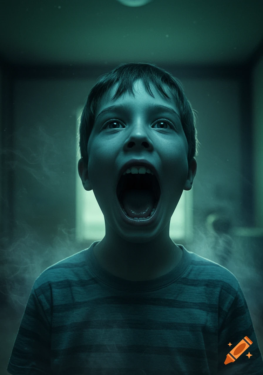 A young boy with his mouth impossibly wide open in a scream, looking upwards in a dark, eerie room with wisps of smoke.
