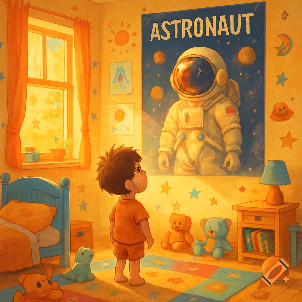 A young child stands in a warm, sunlit bedroom, gazing at a large astronaut poster with the word "ASTRONAUT" at the top.