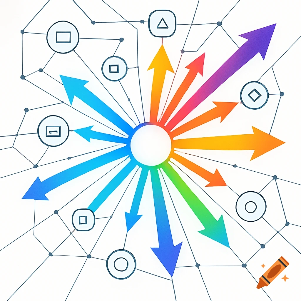 A colorful abstract diagram shows a central point with rainbow arrows radiating outwards to interconnected nodes in a network.
