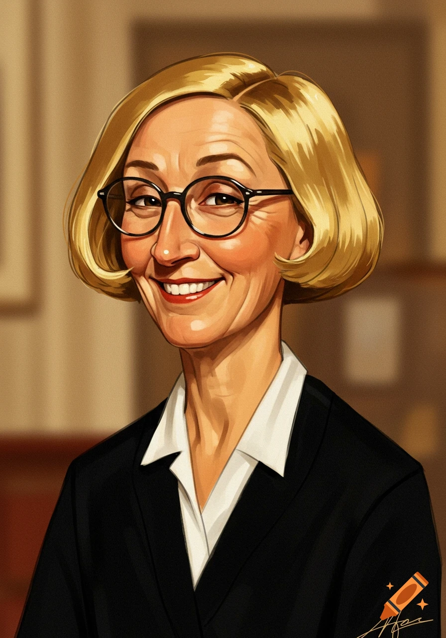 Caricature of a smiling blonde woman with bob hair and glasses, wearing a suit.