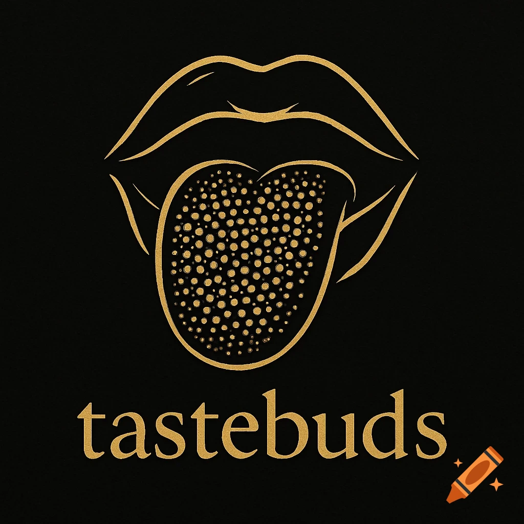 A black and gold minimalist logo featuring lips with a stylized tongue covered in small gold dots, and the word 'tastebuds' below.