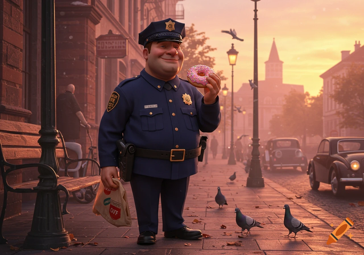 A smiling, portly cartoon police officer holds a pink-frosted donut and a brown paper bag, standing on a city street at sunset with pigeons and cars in the background.