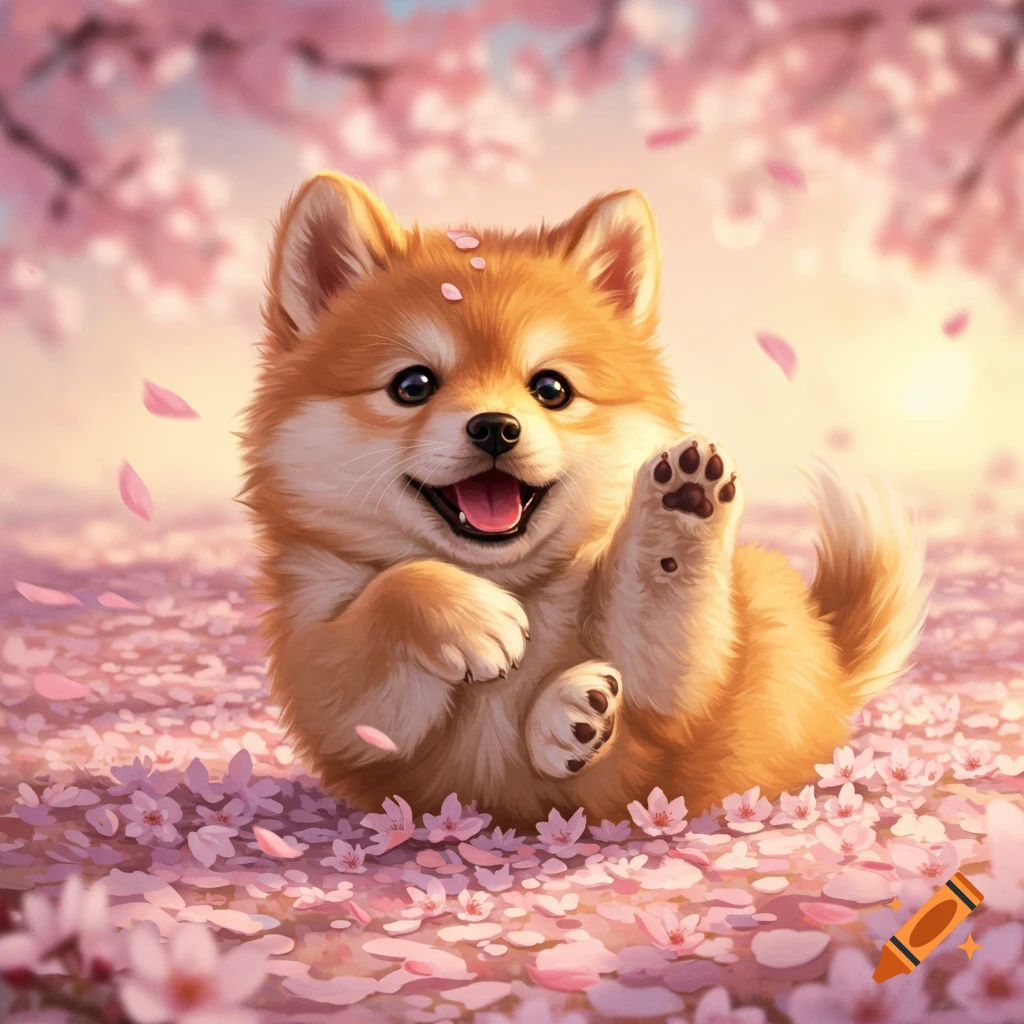A cute, fluffy, light brown puppy lies happily in a field of pink cherry blossom petals, waving its paw.