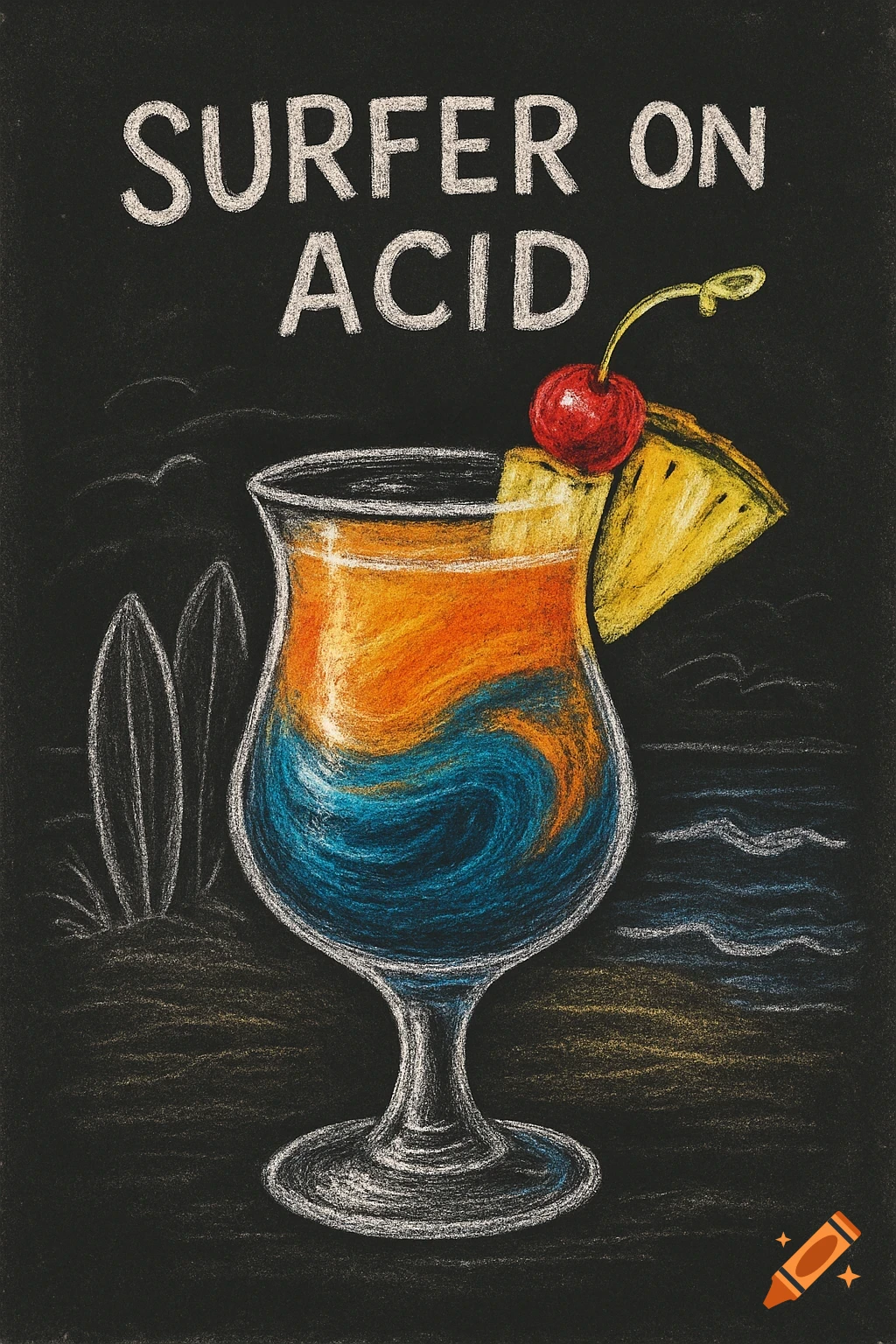 Chalkboard drawing of a 'Surfer on Acid' cocktail with orange and blue liquid, pineapple, cherry, and surfboards.