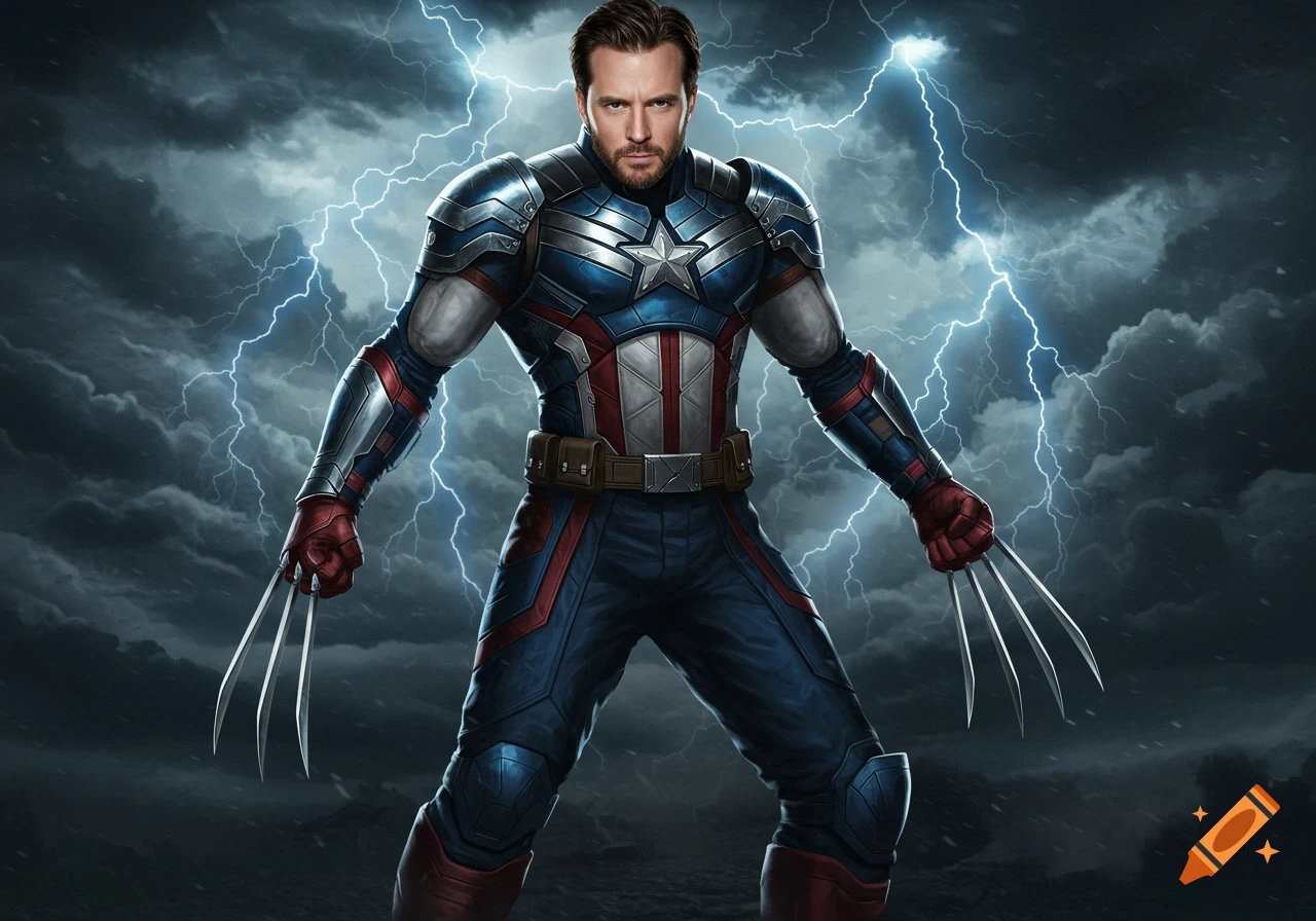 A man in a Captain America suit with Wolverine claws stands powerfully against a dark, stormy sky with lightning.