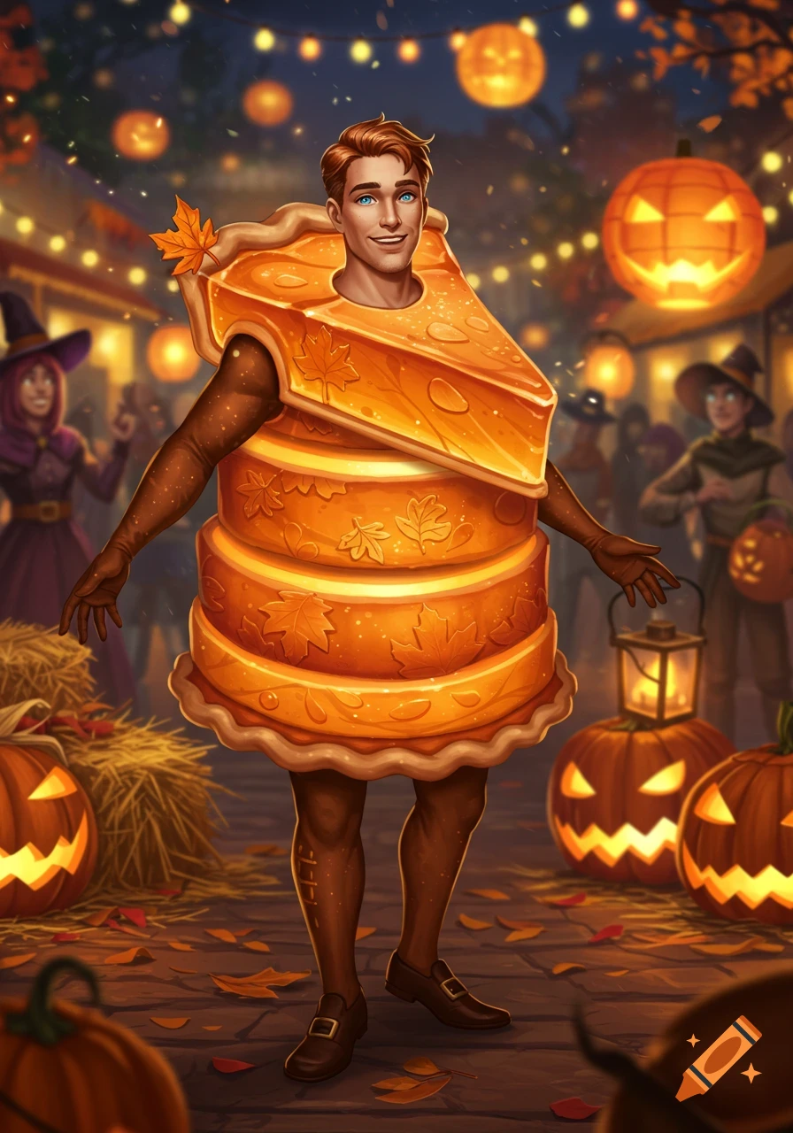 A man in a detailed pumpkin pie costume poses at a festive Halloween market, surrounded by glowing jack-o'-lanterns and autumn leaves.