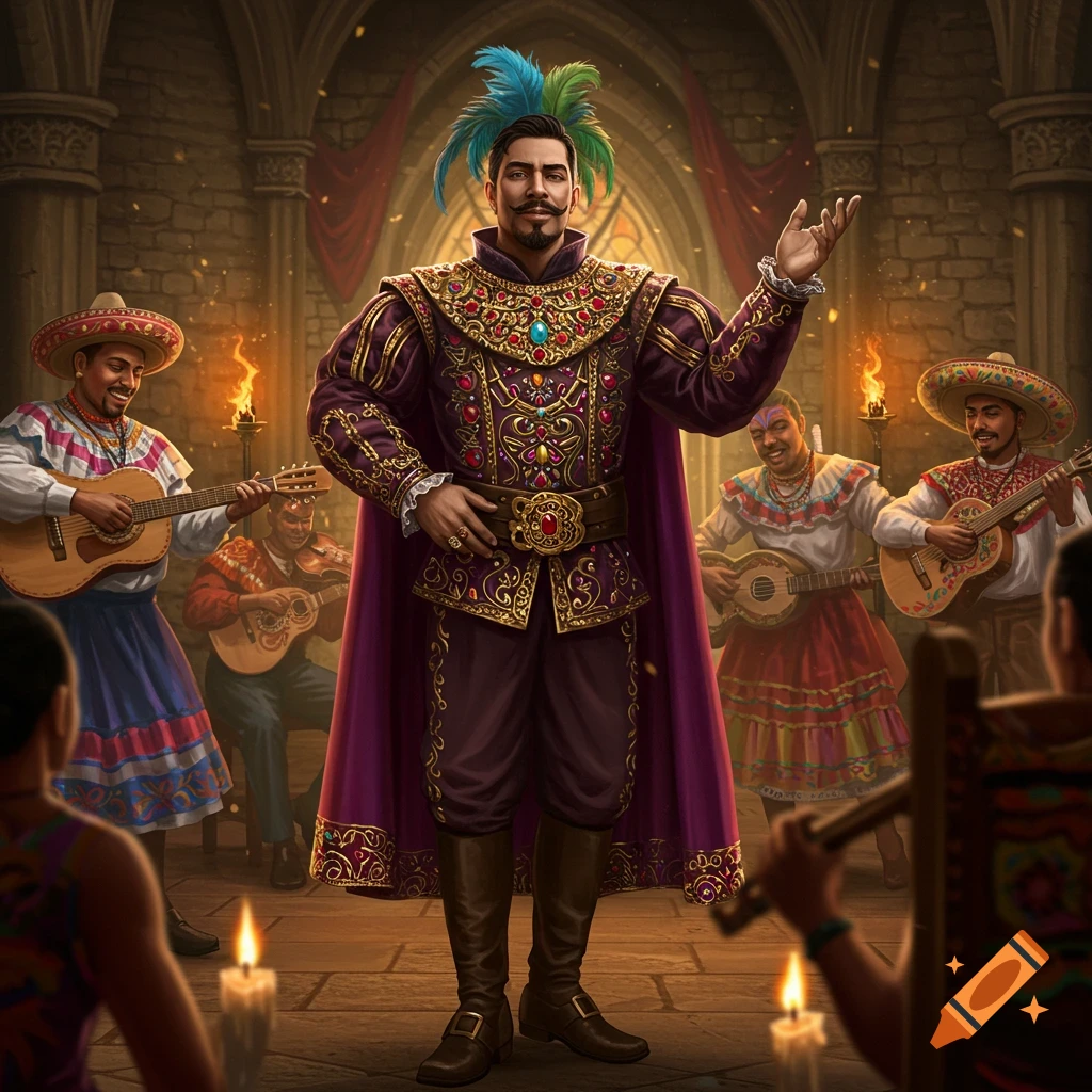 A regal man in an ornate purple and gold outfit with feathers gestures in a stone hall, surrounded by musicians in Mexican attire playing string instruments.