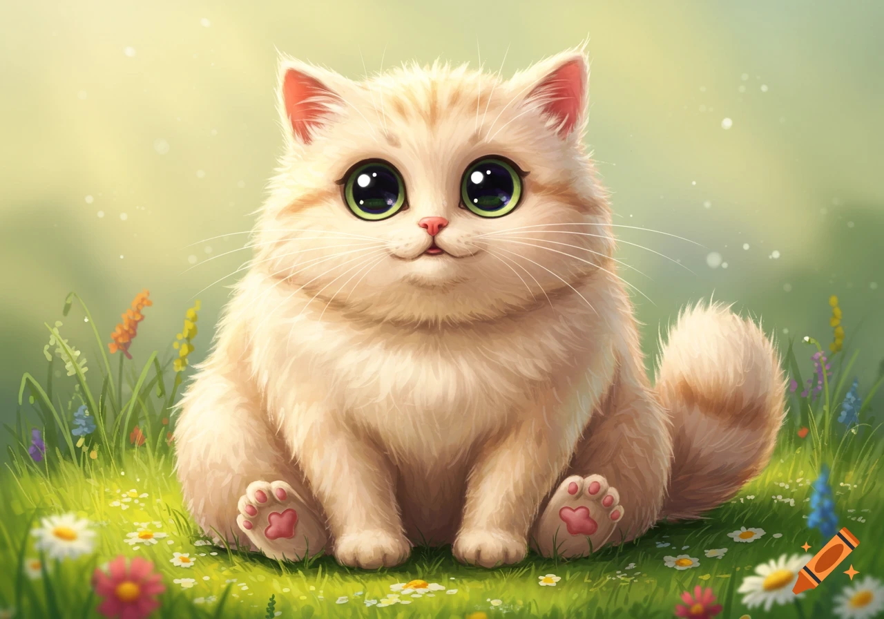 A fluffy, chubby cartoon cat with huge green eyes sits in a vibrant green meadow with wildflowers.