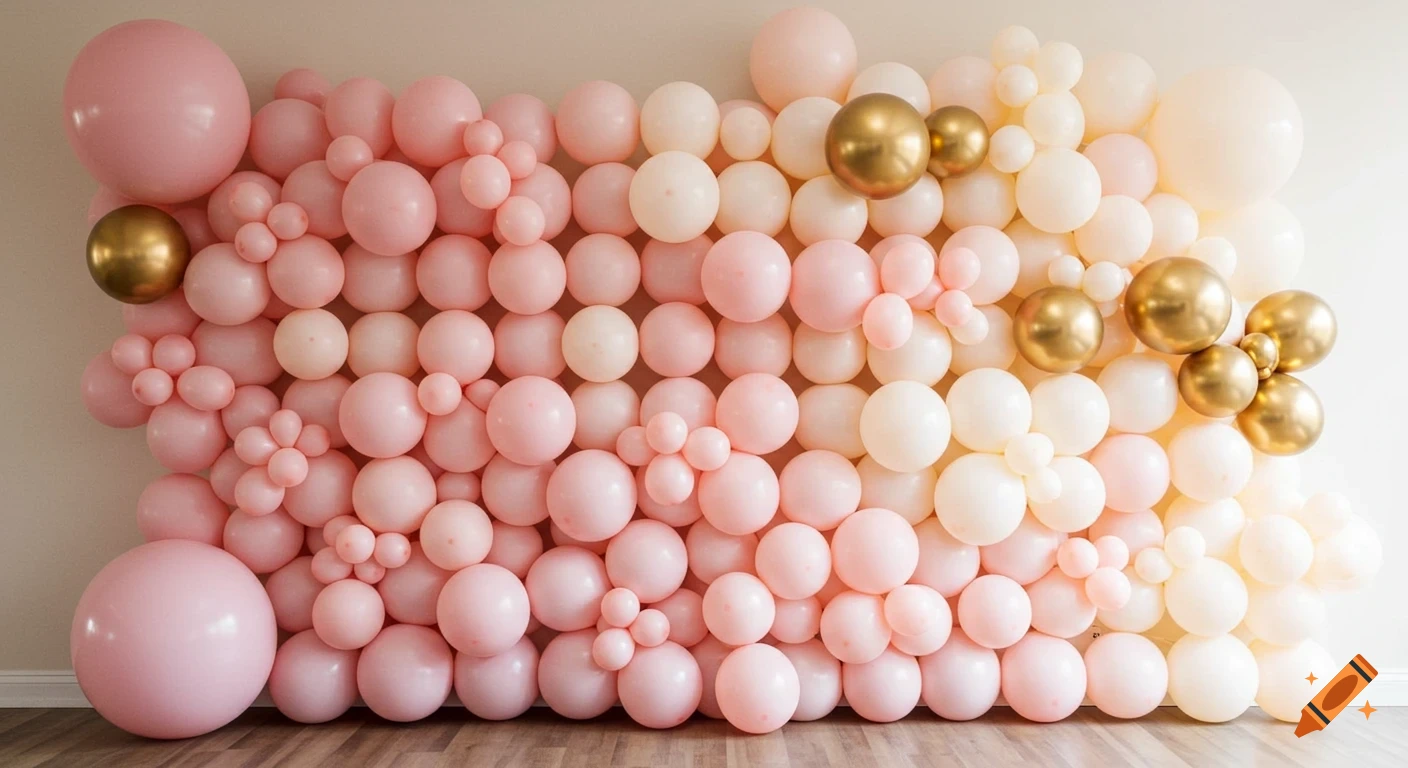 A luxurious balloon wall featuring pastel pink, blush, white, and gold balloons arranged in an elegant gradient, perfect for an event.