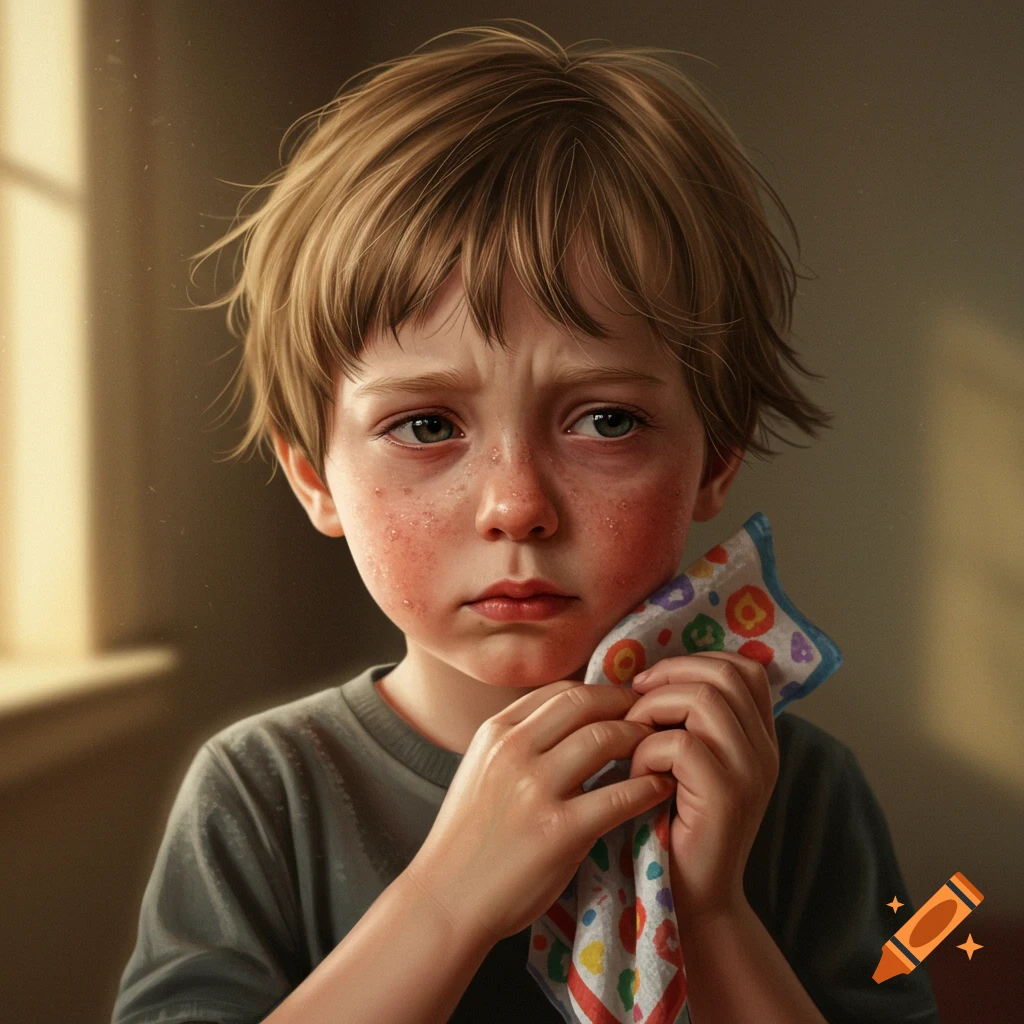 A sad young boy with a red facial rash holds a colorful patterned cloth to his cheek in a photorealistic portrait.