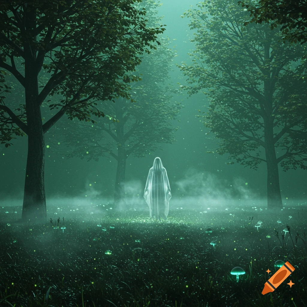 A ghostly hooded figure stands in a dark, misty forest illuminated by glowing mushrooms and ethereal light.