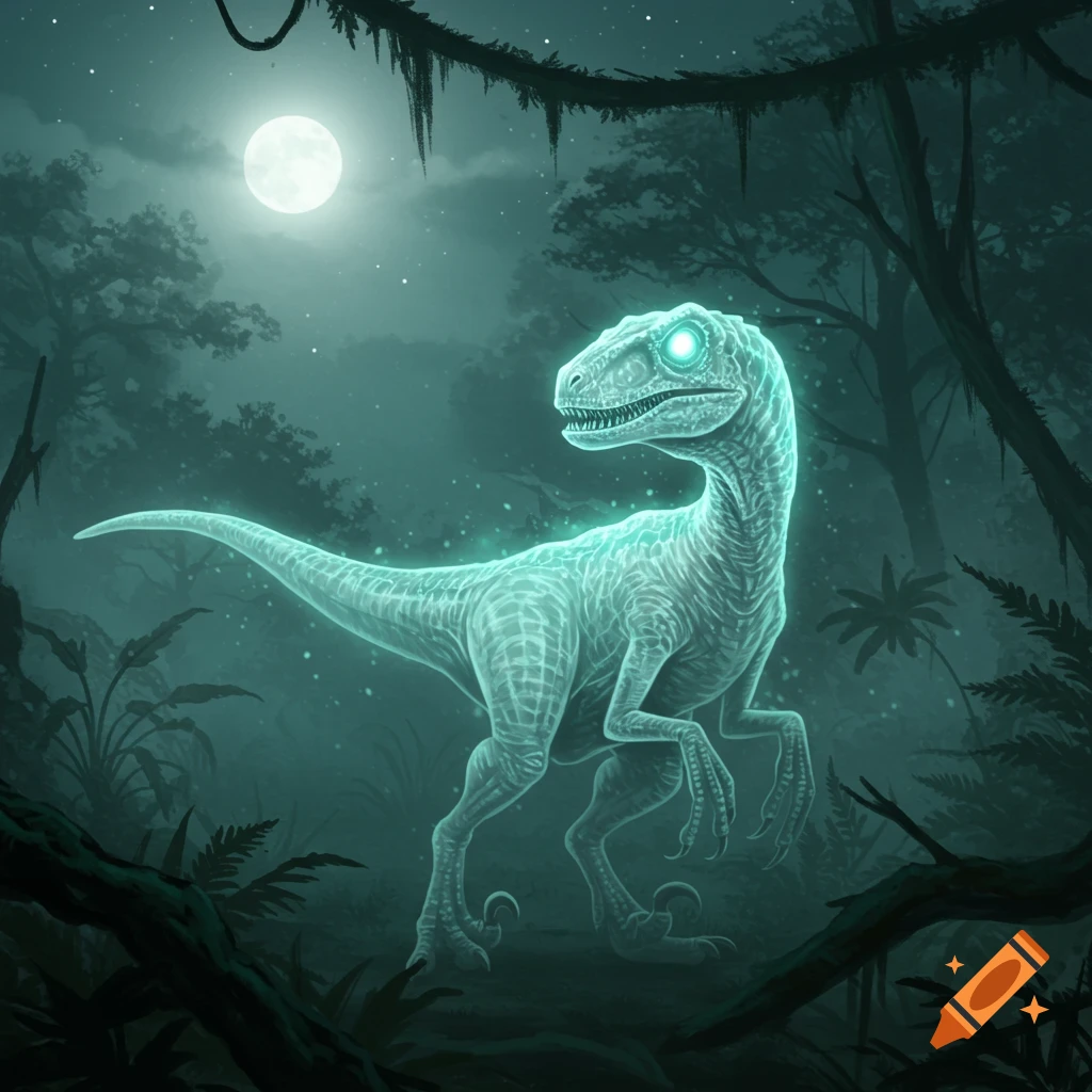 A glowing, translucent velociraptor ghost stands in a dark, moonlit jungle.