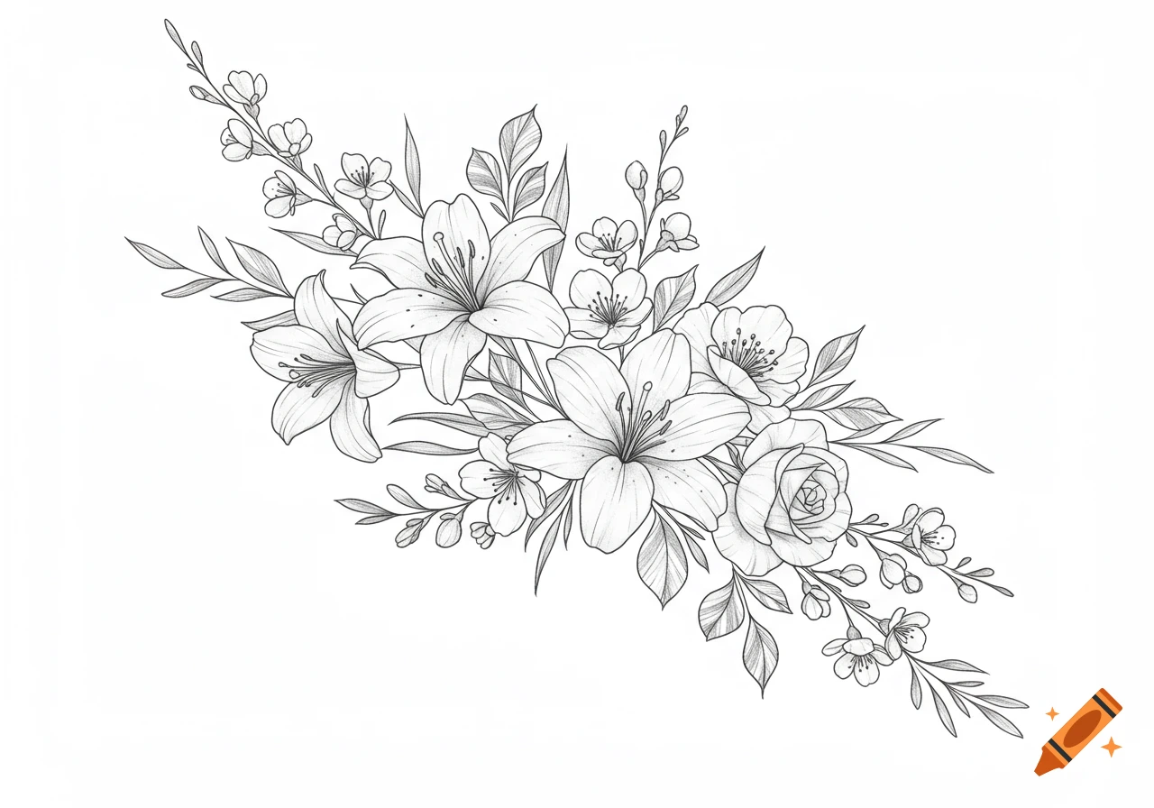 A delicate black and white line art drawing of a floral arrangement featuring lilies, roses, and various small blossoms with leaves.