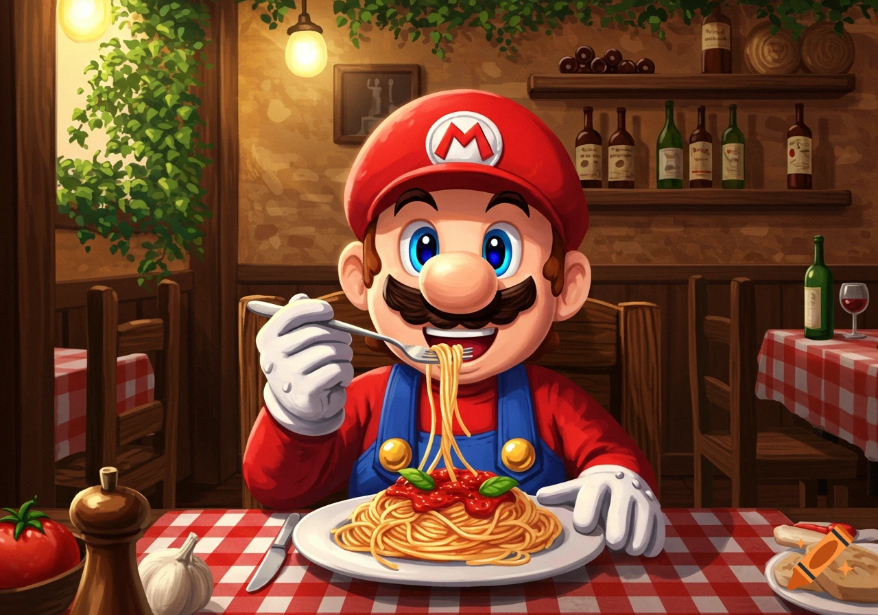 Vibrant cartoon illustration of Mario in an Italian restaurant, happily eating a plate of spaghetti with a fork.