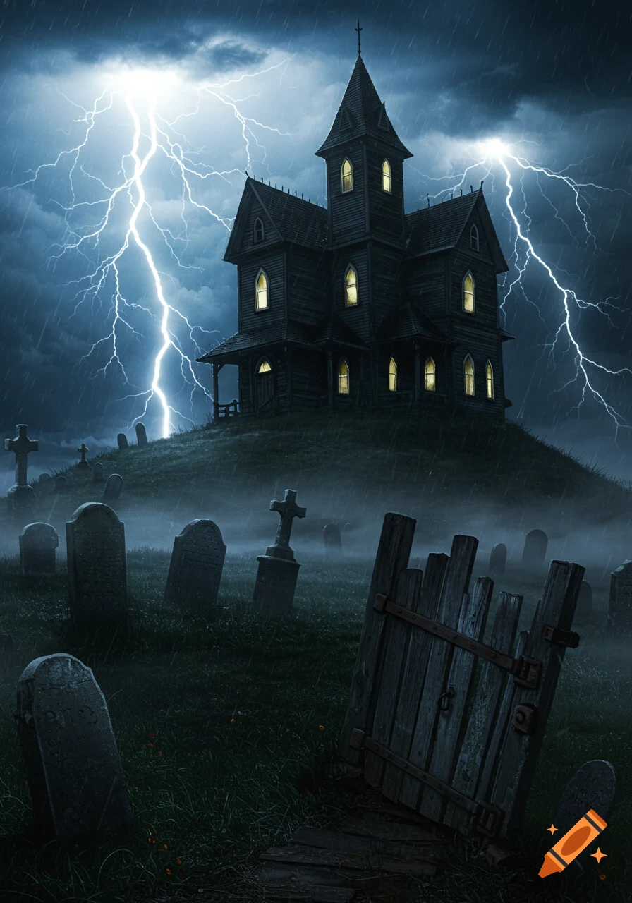 A spooky haunted house on a hill, overlooking a graveyard on a dark, rainy, thunderstorm night with lightning.