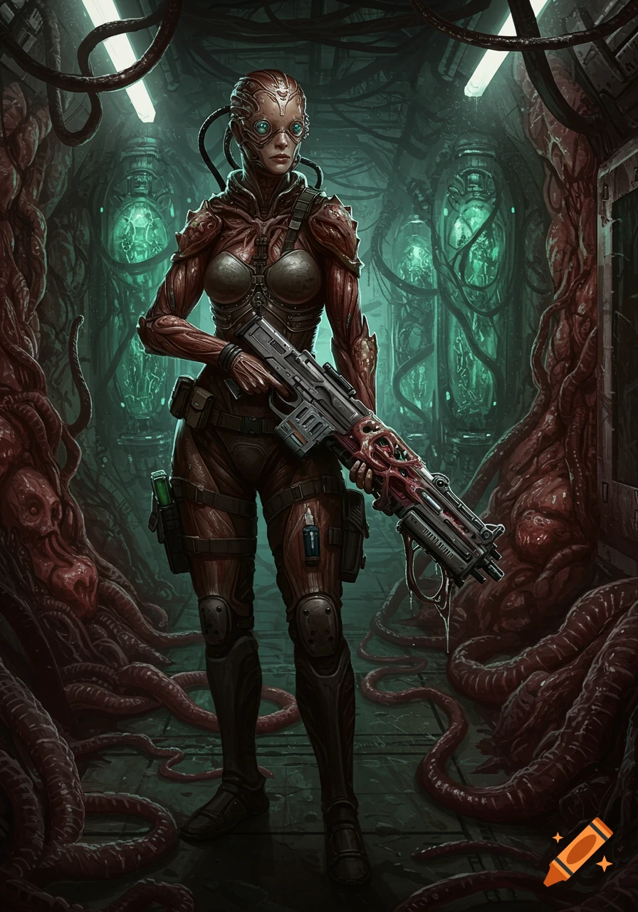 Full-body portrait of a female sci-fi mercenary in a biomechanical muscle-fiber suit, holding an organic rifle in a decaying, tendril-filled corridor.