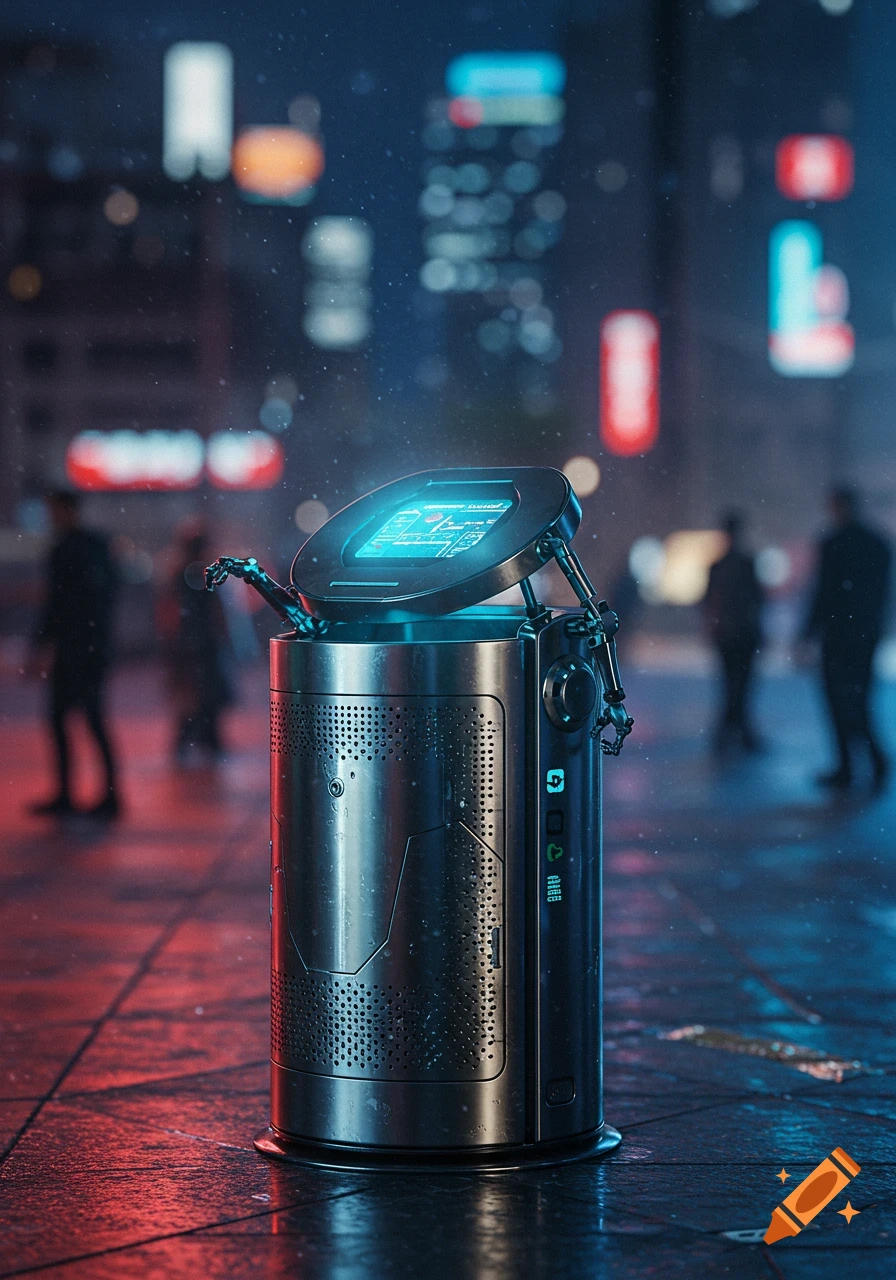 A futuristic trash bin with a glowing blue screen and robotic arm on a rainy city street at night, with blurry neon lights and people in the background.