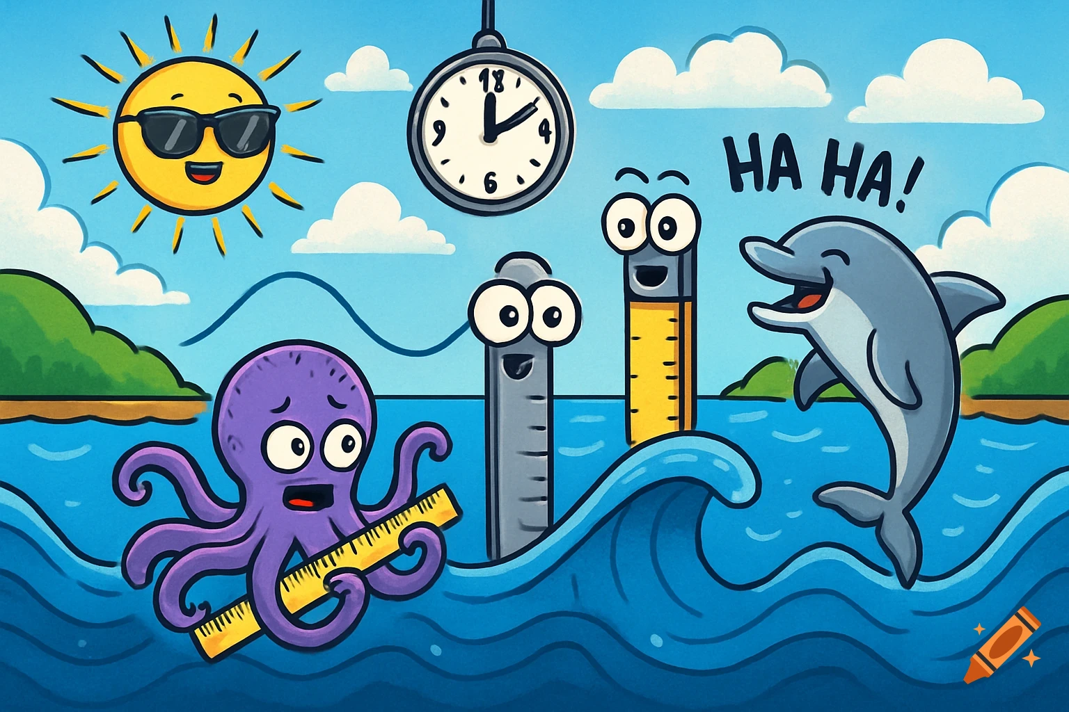 A colorful cartoon shows a sad purple octopus holding a ruler in wavy blue water. A laughing dolphin jumps from a wave next to two smiling tide gauges. A clock and a smiling sun with sunglasses are in the sky.