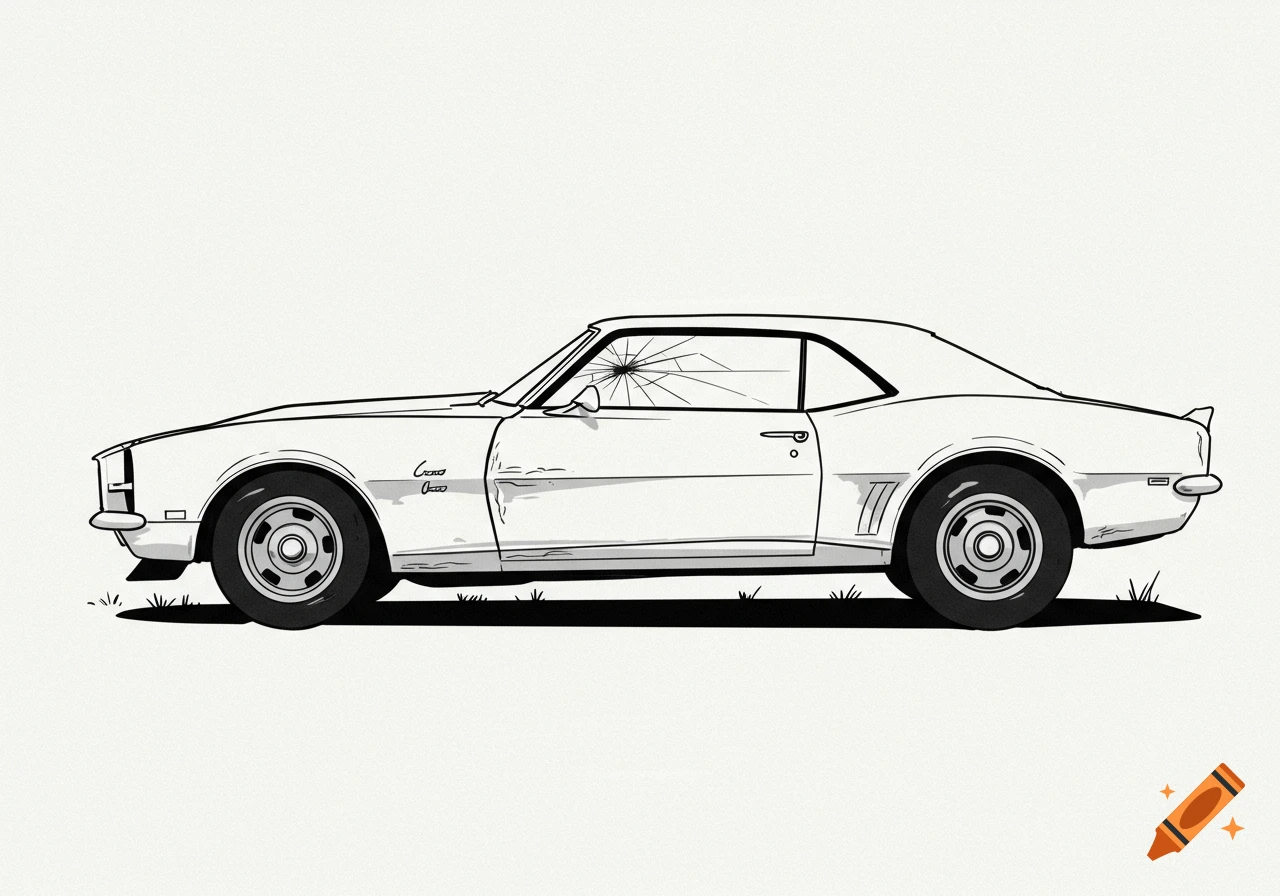 Black and white line drawing of a 1968 white Camaro with a broken passenger window, side profile view.