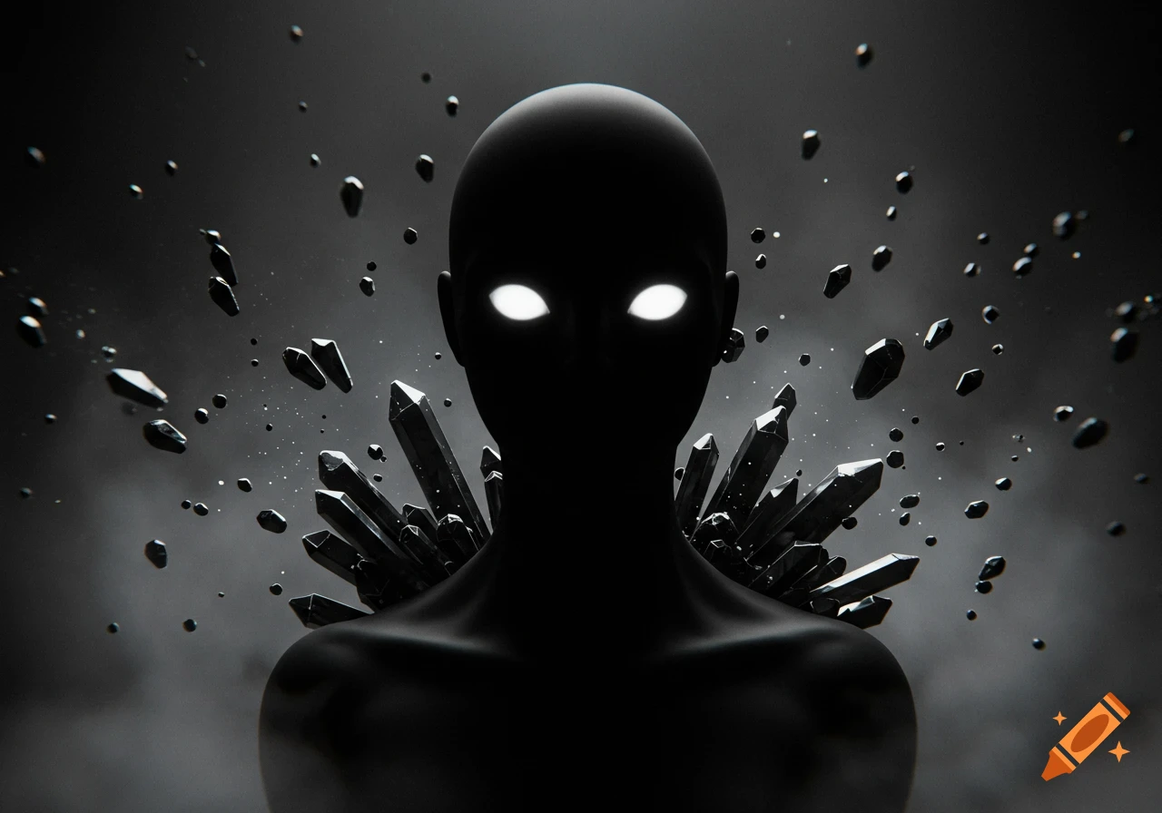 A dark, silhouetted figure with glowing white eyes, surrounded by sharp black crystals against a smoky gray background.