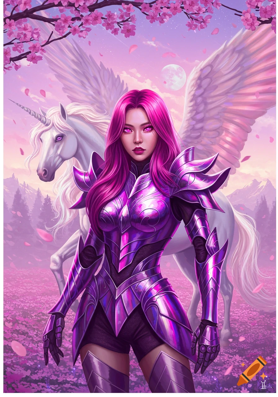 A pink-haired warrior in metallic purple armor stands in a field of pink flowers with a winged unicorn behind her, under a moonlit sky.