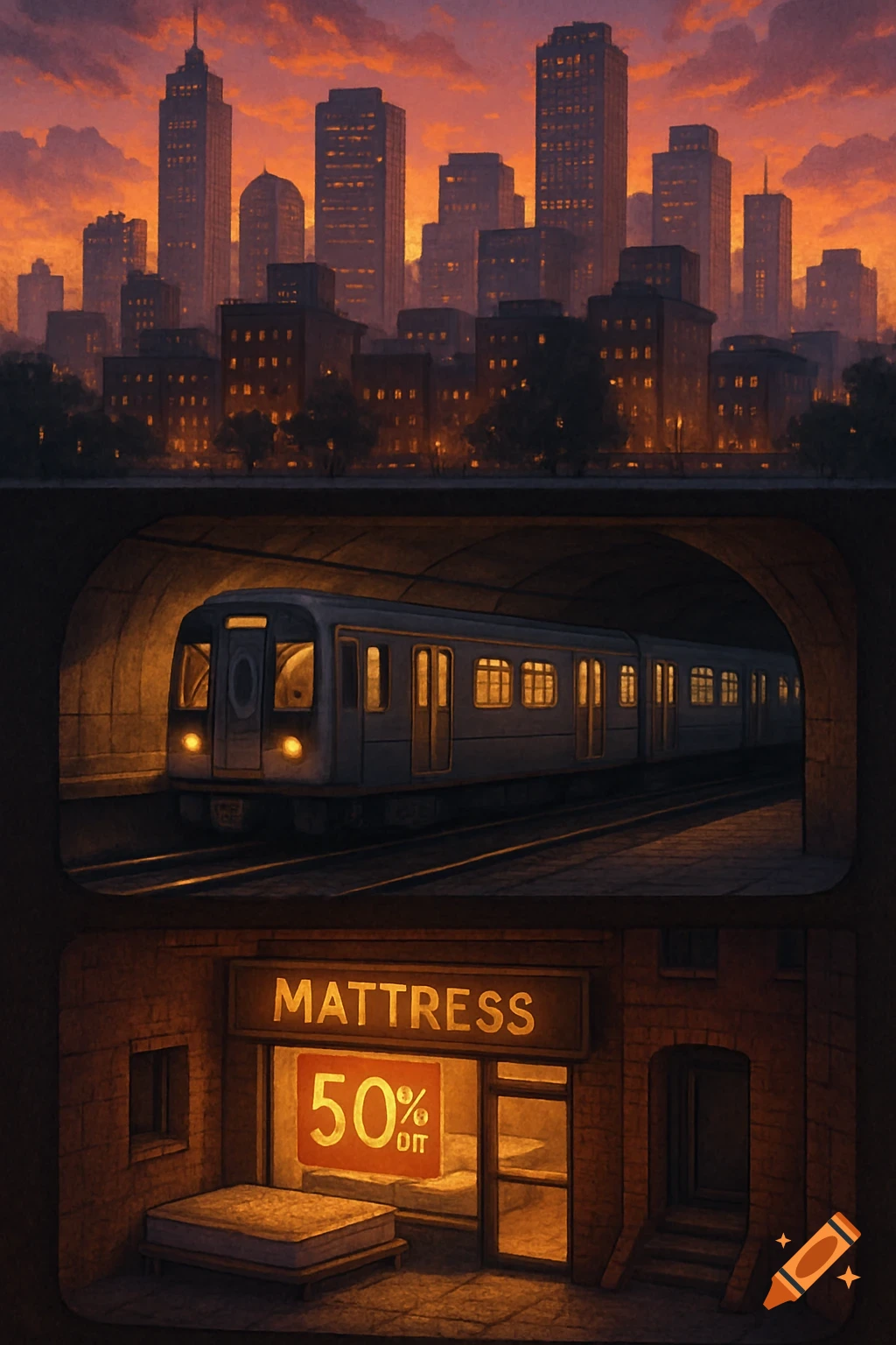 An illustrated city cross-section at sunset, with a skyline, an underground subway train, and a mattress store with a '50% O∏' sign.