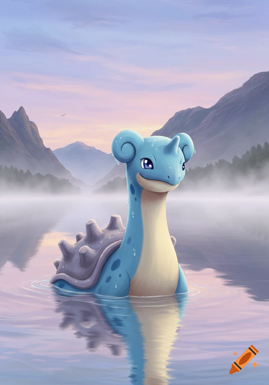 A blue Lapras Pokémon with a cream belly and gray shell swims in a misty lake at sunrise, surrounded by mountains.
