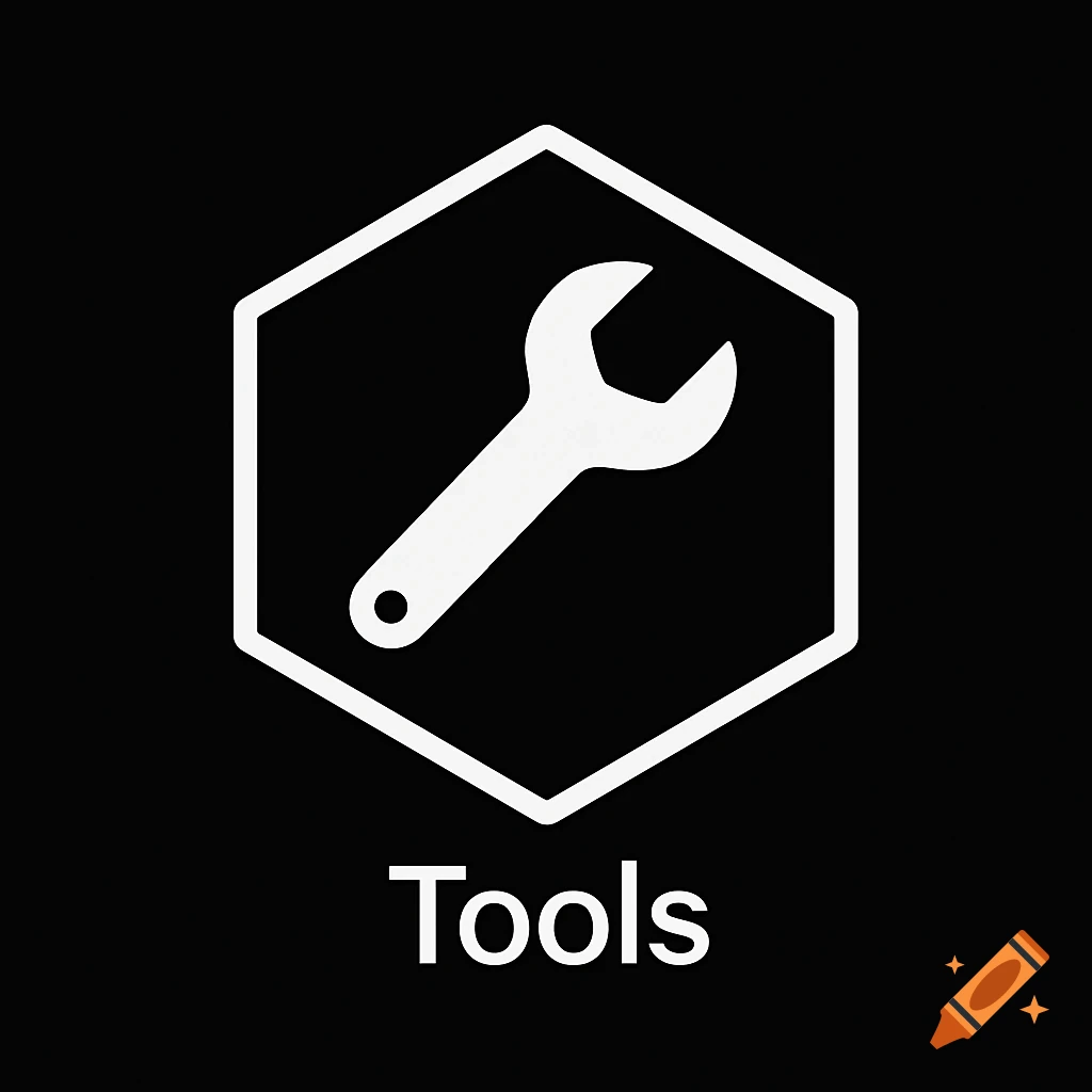 A white minimalist wrench icon within a hexagon on a black background, with the word Tools below it.