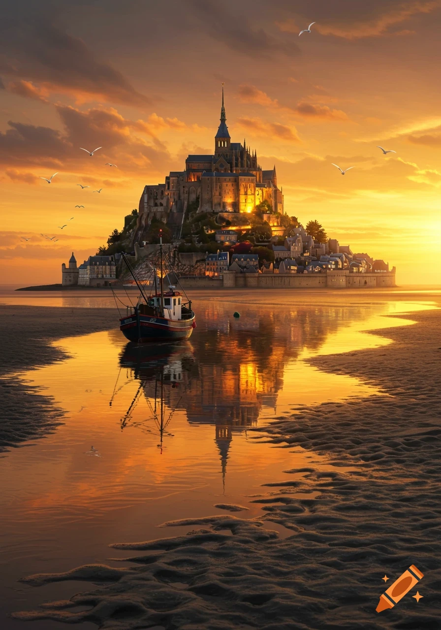 Mont Saint-Michel, a medieval abbey, stands majestically at sunset, reflecting in the shallow water with a fishing boat on the sandy shore.
