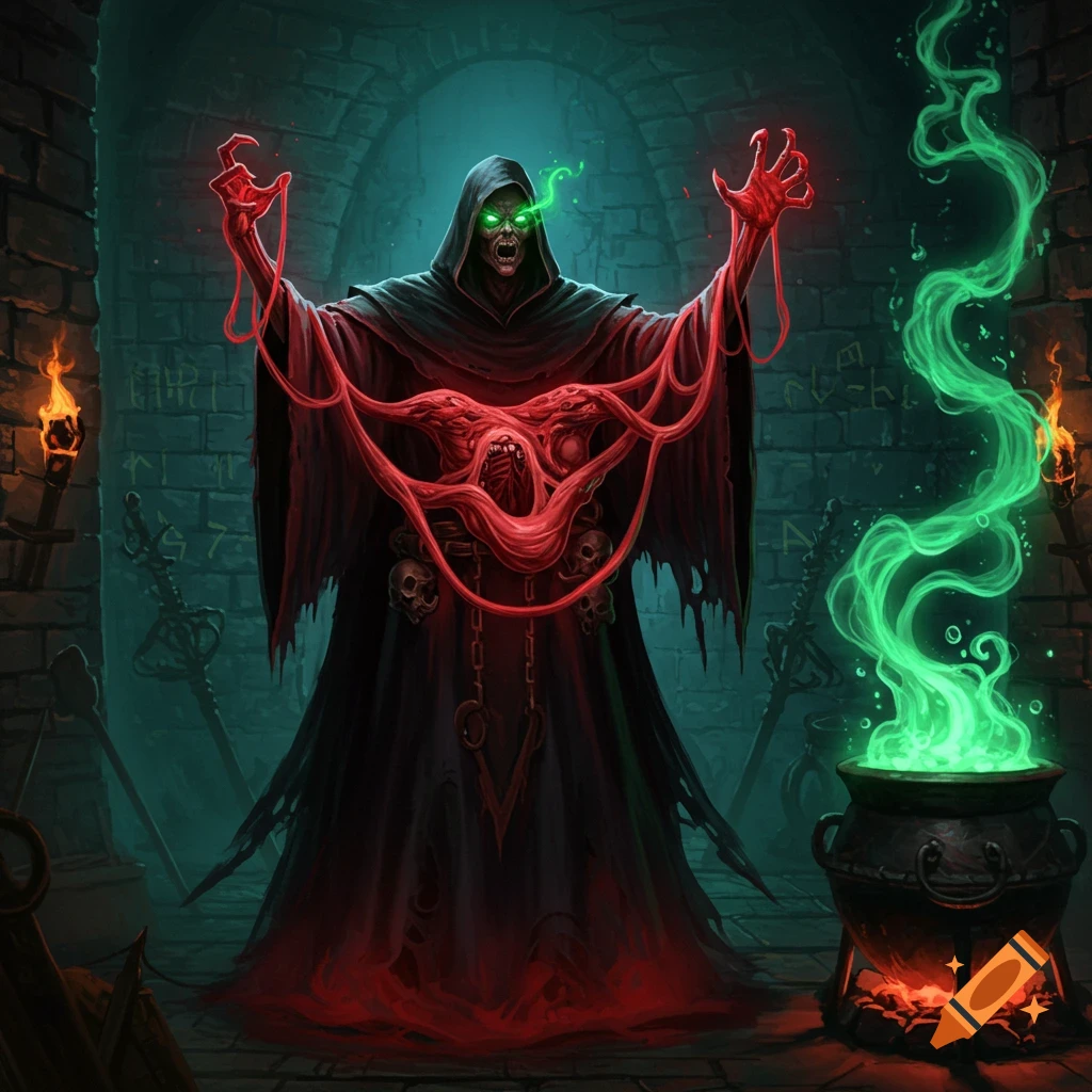 A dark wizard in a black robe with glowing green eyes and red fleshy tendrils conjures magic in a dungeon with a smoking cauldron.