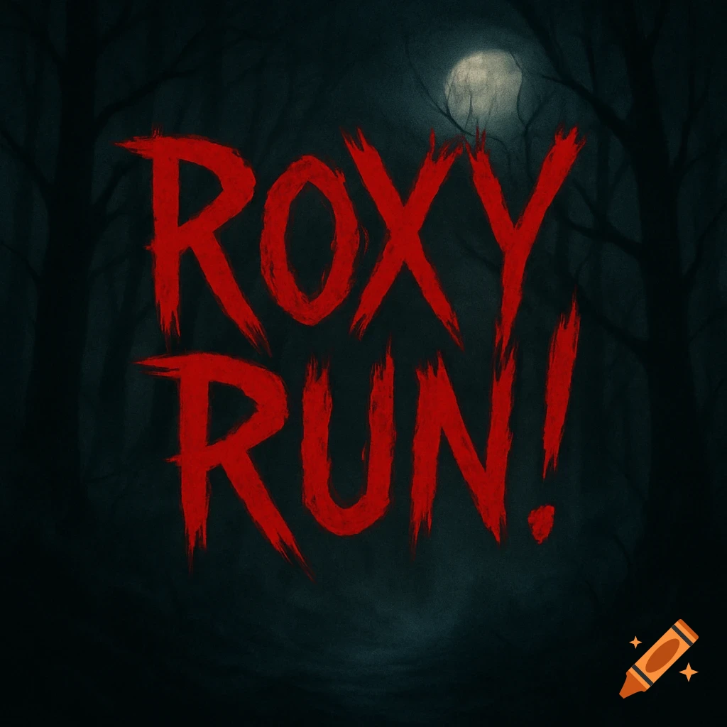 A dark, spooky forest at night with a full moon, featuring "ROXY RUN!" in a scary, blood-red font.