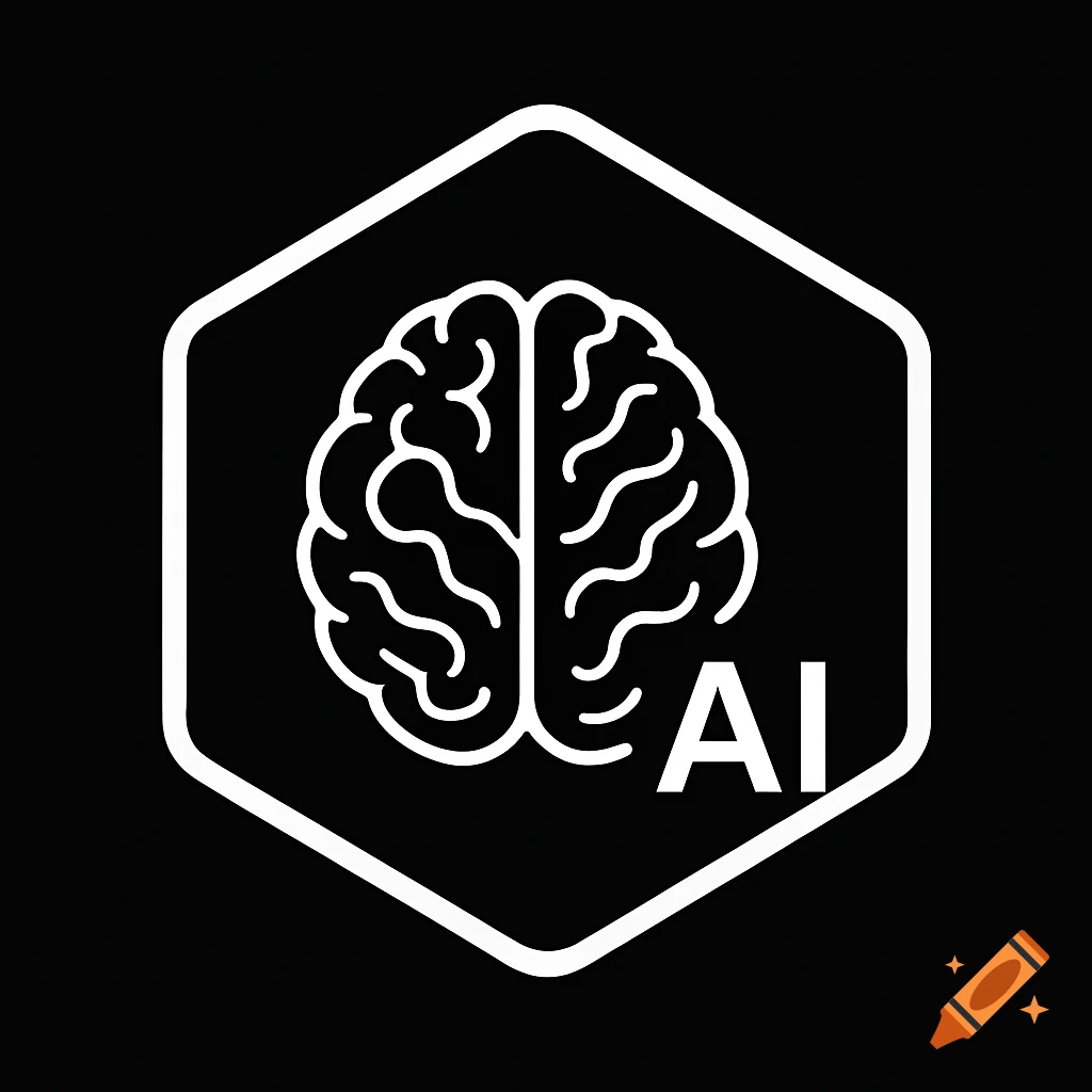 A white minimalistic brain icon with 'AI' text inside a white hexagon on a black background.