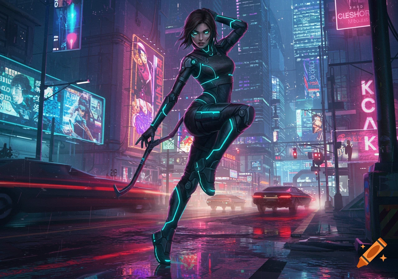 A futuristic woman in a glowing black and cyan suit poses on a wet, neon-lit cyberpunk city street at night with flying cars.