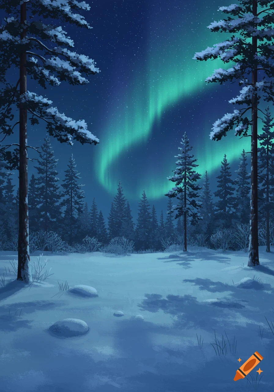 A serene winter night scene with snow-covered pine trees under a starry sky, illuminated by the green glow of the aurora borealis.