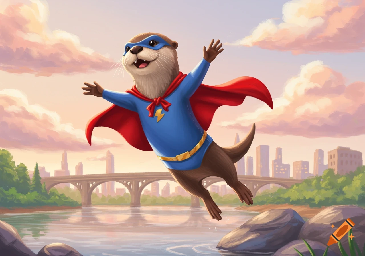 A cheerful cartoon otter superhero in a blue suit and red cape flies over a river with a city skyline.