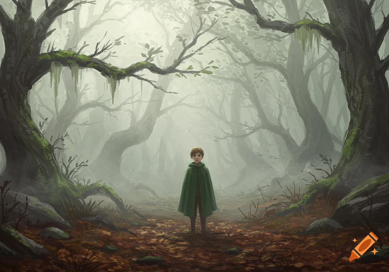 Digital painting of a young boy in a green cape standing in a dense, foggy forest with mossy, gnarled trees and fallen leaves.