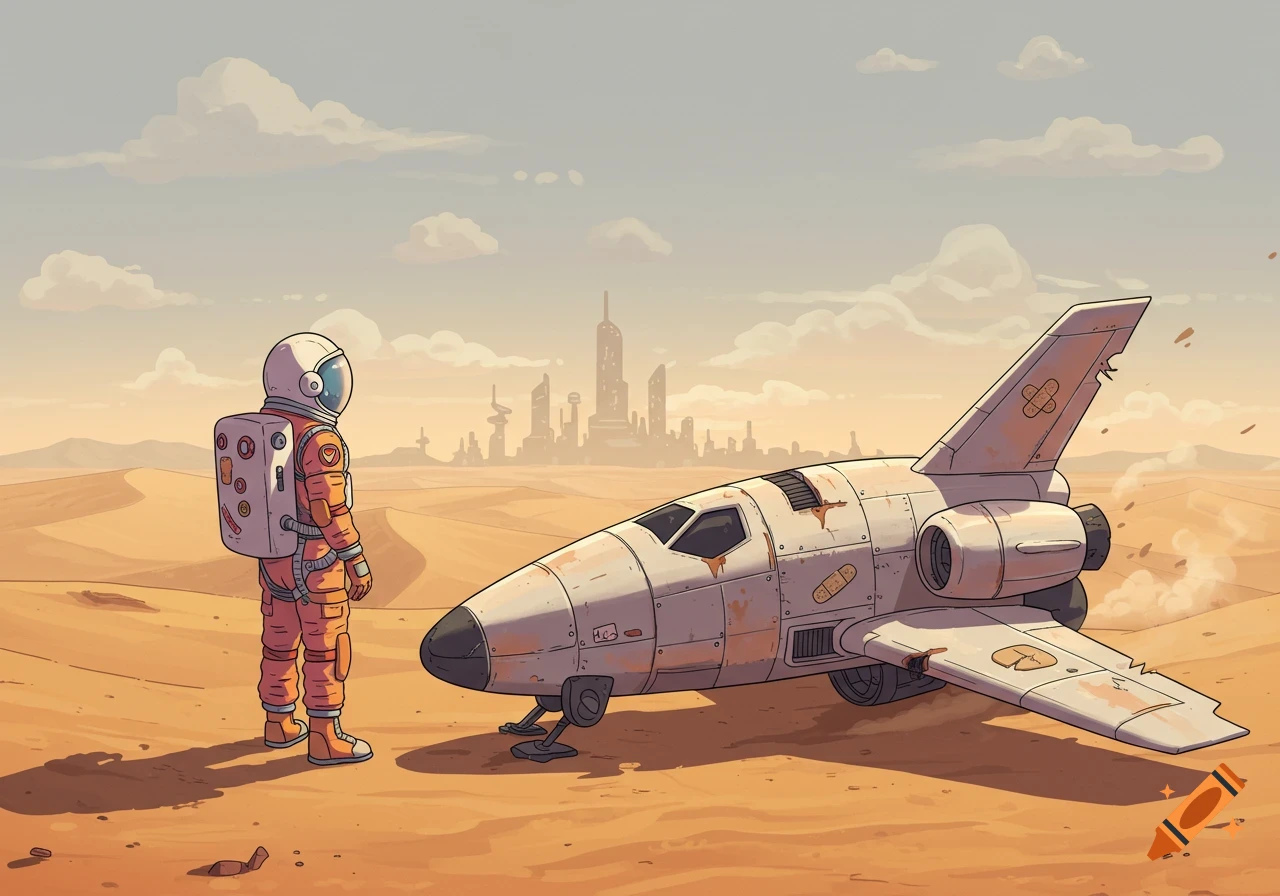 An astronaut in a spacesuit stands next to a damaged spaceship in a desert, with a futuristic city in the distance under a cloudy sky, in a children's book style.