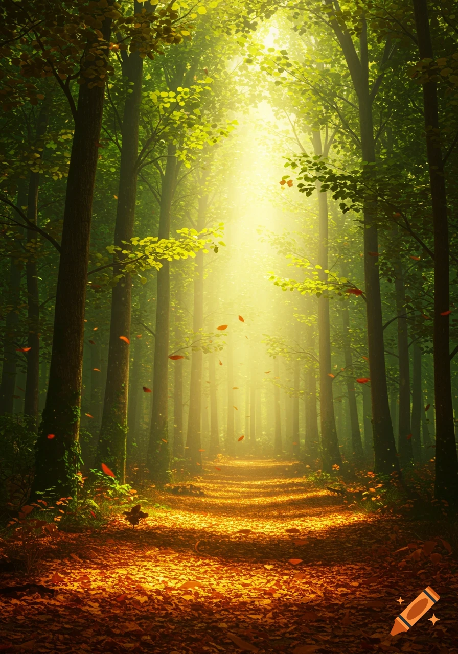 A sun-drenched forest path covered in fallen leaves with light beams through tall trees.