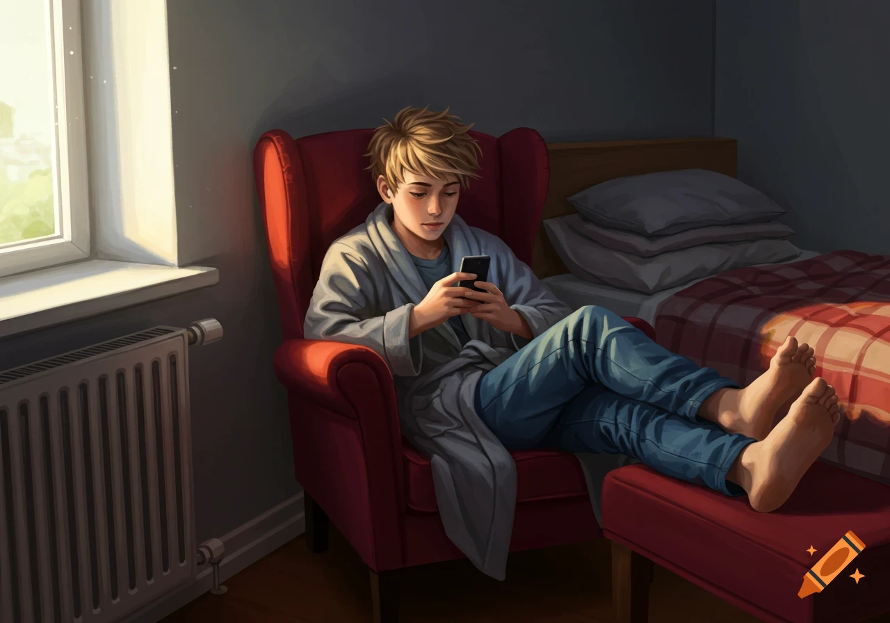 Digital painting of a blonde teenage boy in a gray robe and jeans, engrossed in his phone in a red armchair, feet propped by a window.