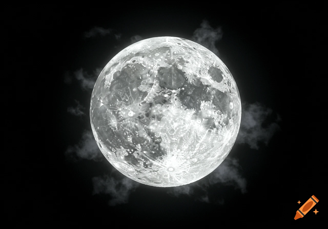 A highly detailed, stylized full moon with craters glows brightly against a dark, cloudy night sky.