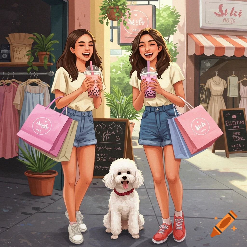 Two smiling women in cartoon style, carrying shopping bags and drinking bubble tea, stand on a sunny street next to a fluffy white poodle, in front of shops.