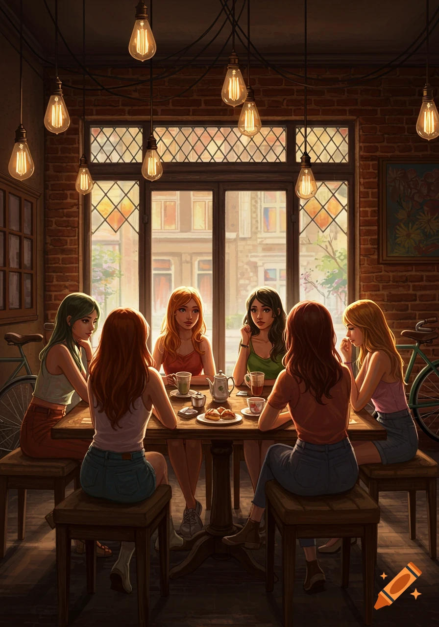 Five women sit around a wooden table in a cozy, warmly lit cafe with brick walls, large windows, and dangling Edison bulbs.