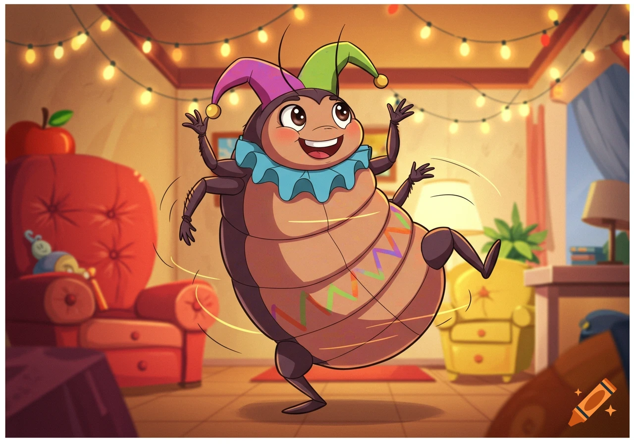 A happy cartoon bedbug in a jester hat and ruff dances in a festive room with string lights.
