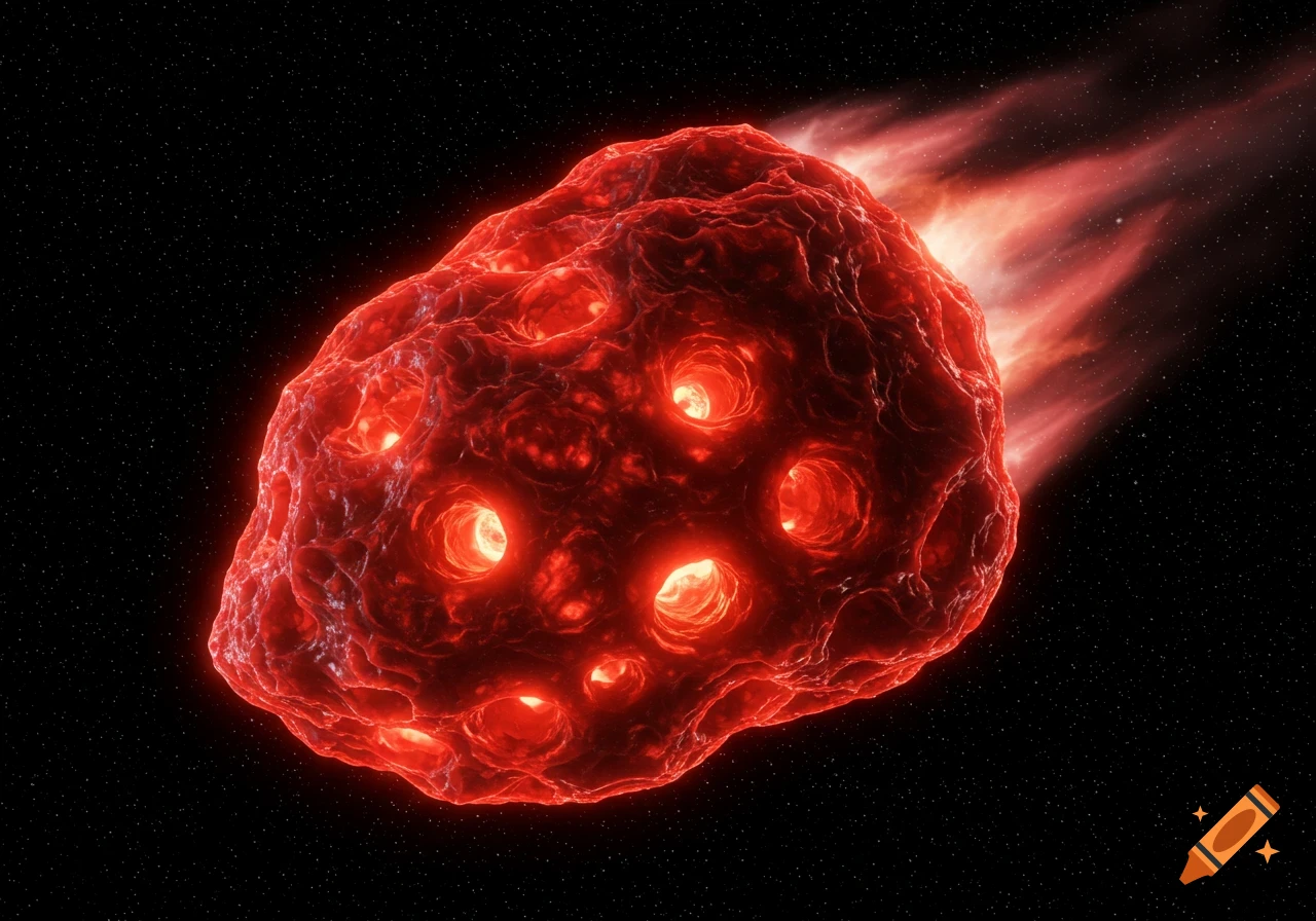 A red, textured, flesh-like meteor with glowing internal holes streaks through dark outer space, leaving a fiery trail.