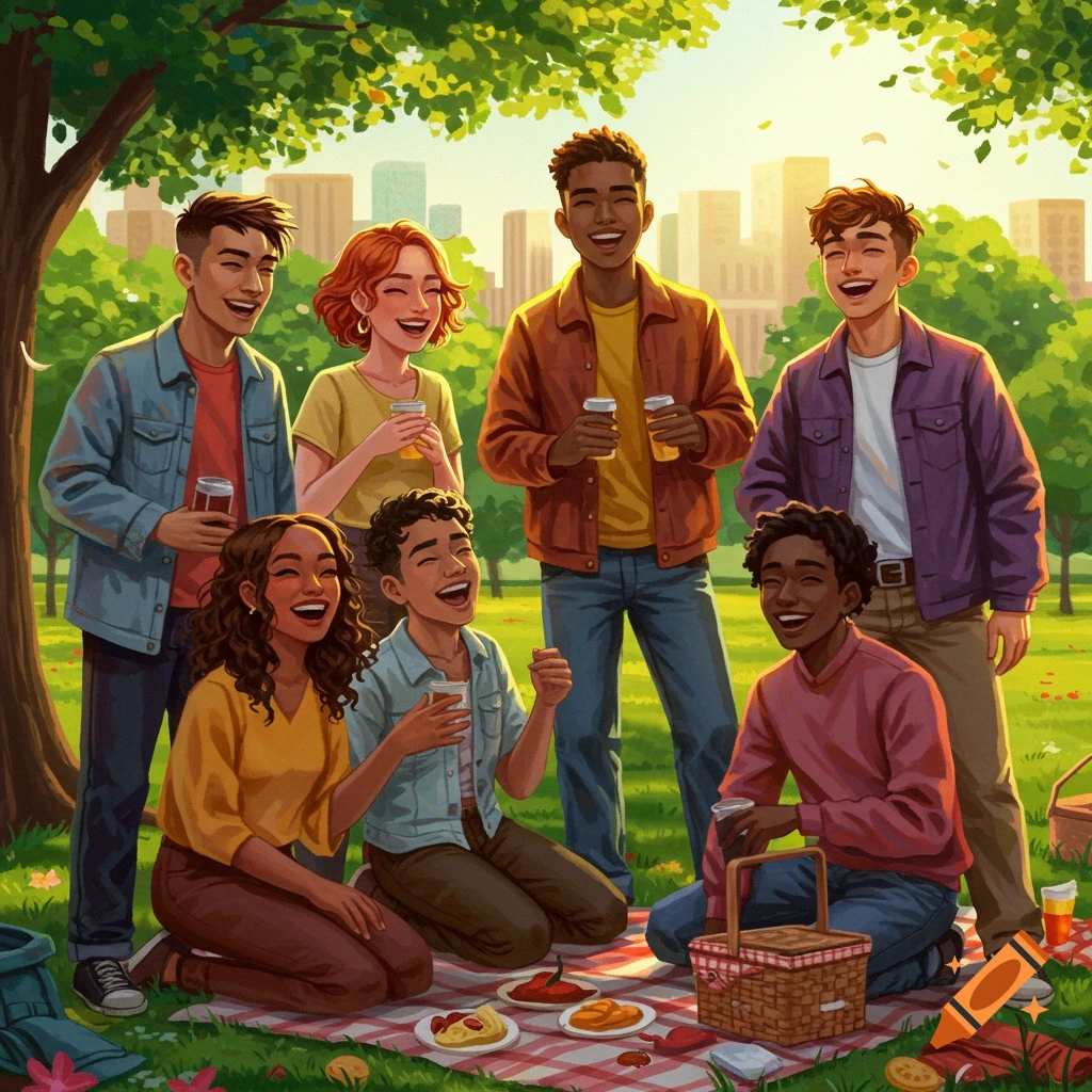 A diverse group of friends laughing and having a picnic under a tree in a sunny park with city buildings in the background. Illustrated style.